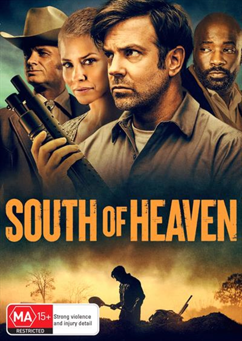 South Of Heaven DVD cover featuring Jason Sudeikis and a dramatic background, highlighting the film's thrilling theme.