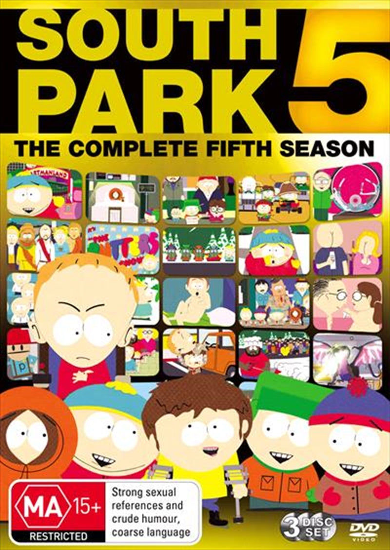 South Park Complete Season 05 DVD cover featuring main characters Stan, Kyle, Cartman, and Kenny in a colorful design.