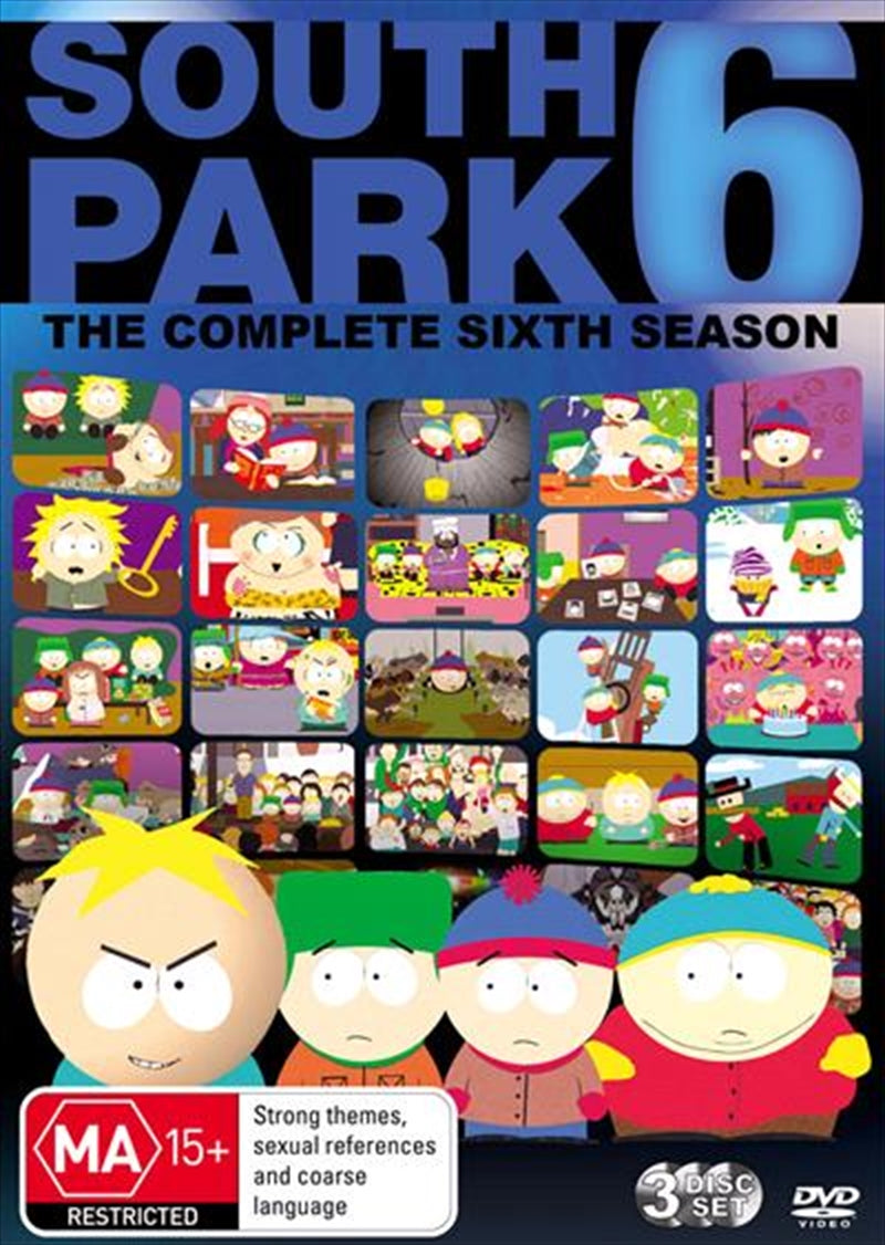 South Park Complete Season 06 DVD cover featuring main characters Stan, Kyle, Cartman, and Kenny in a colorful design.