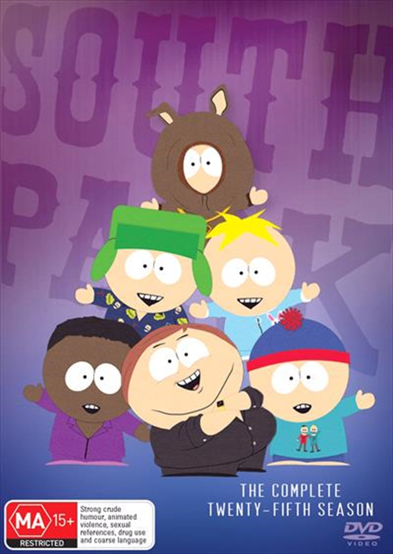 South Park Season 25 DVD cover featuring the four main characters in a colorful and humorous design.