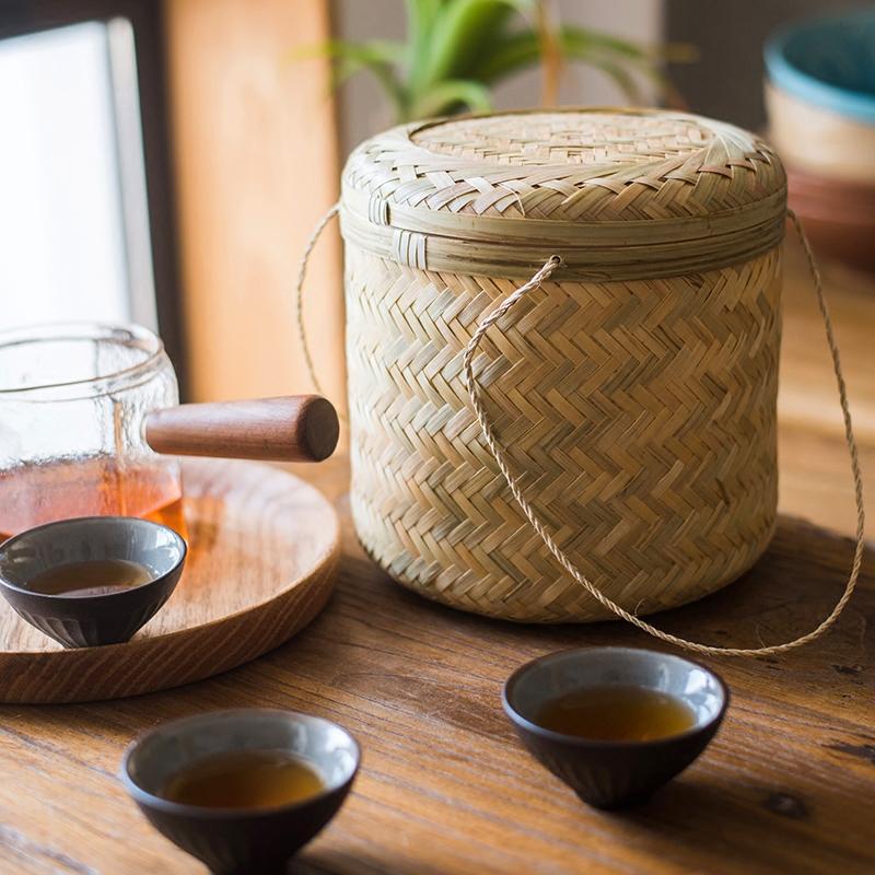 Southeast Asia Round Bamboo Tea Box Jar in natural bamboo color, showcasing its elegant round design and two size options.