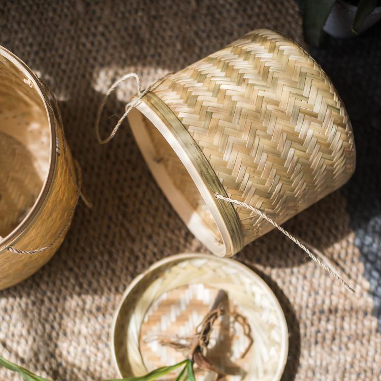 Southeast Asia Round Bamboo Tea Box Jar in natural bamboo color, showcasing its elegant round design and two size options.