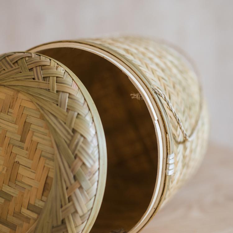 Southeast Asia Round Bamboo Tea Box Jar in natural bamboo color, showcasing its elegant round design and two size options.