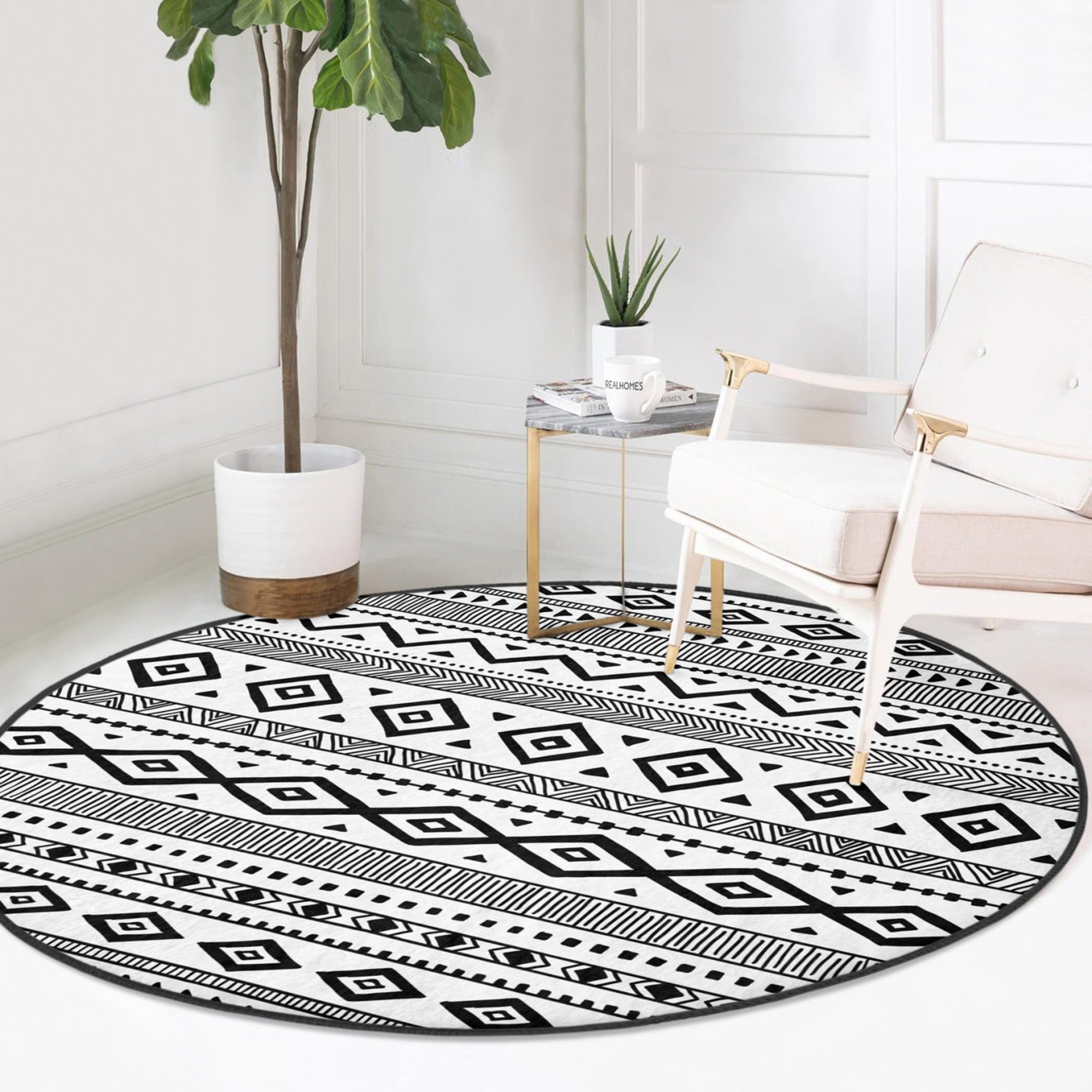 Southwestern Area Rug featuring a Gray Aztec pattern, round shape, and soft velvet fabric, ideal for enhancing home decor.