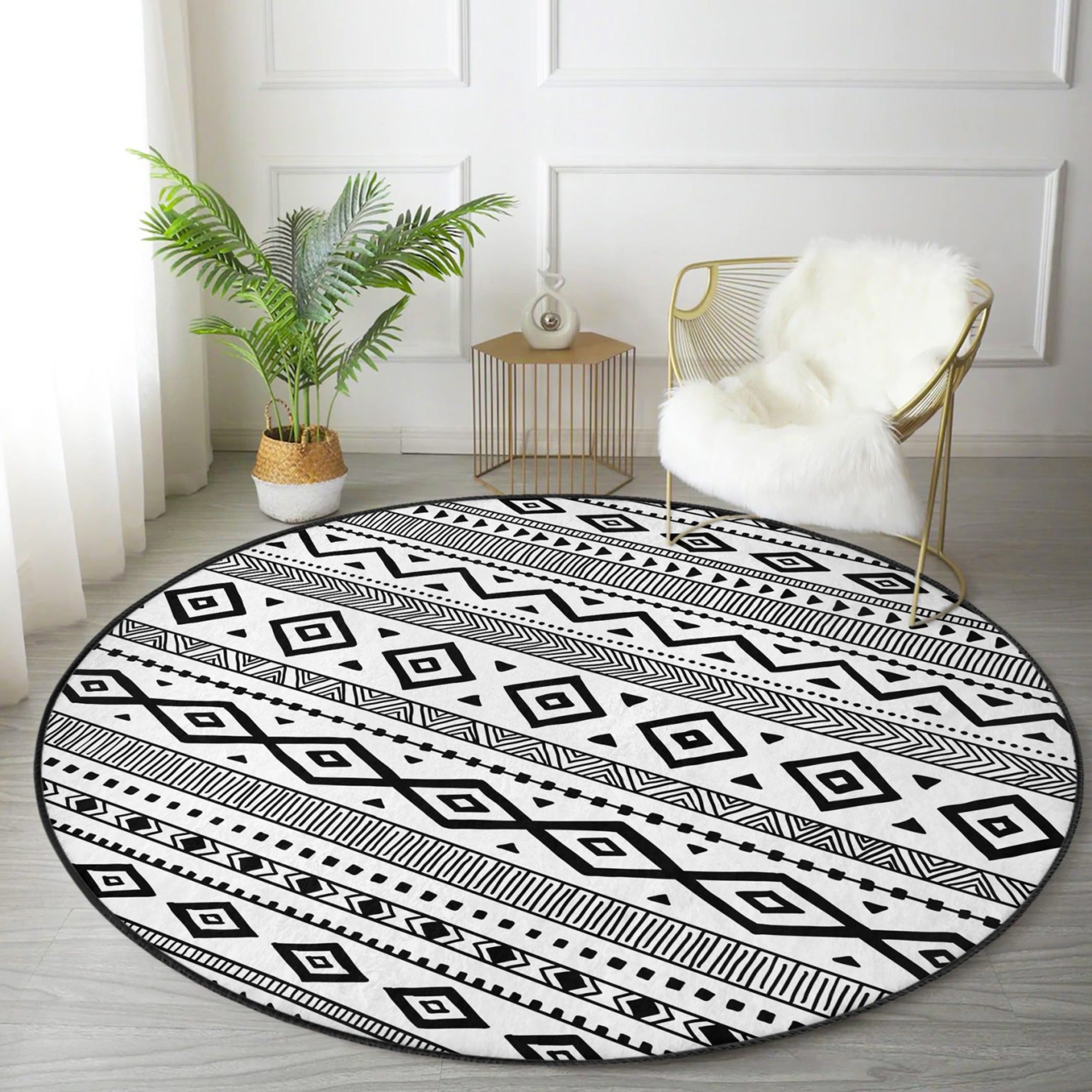 Southwestern Area Rug featuring a Gray Aztec pattern, round shape, and soft velvet fabric, ideal for enhancing home decor.