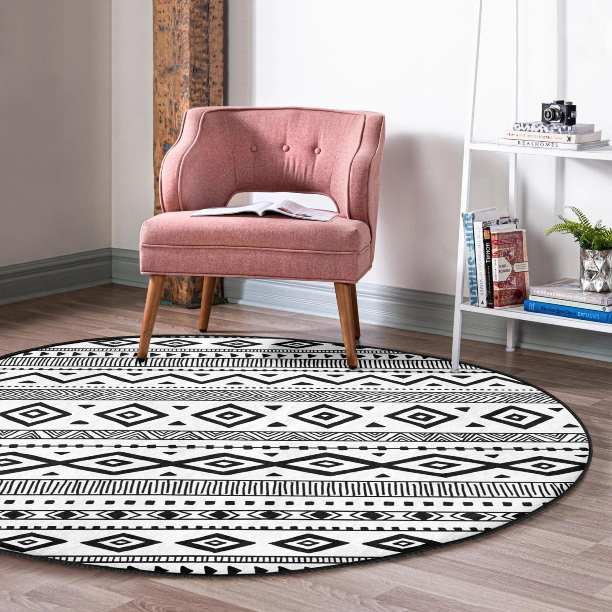 Southwestern Area Rug featuring a Gray Aztec pattern, round shape, and soft velvet fabric, ideal for enhancing home decor.