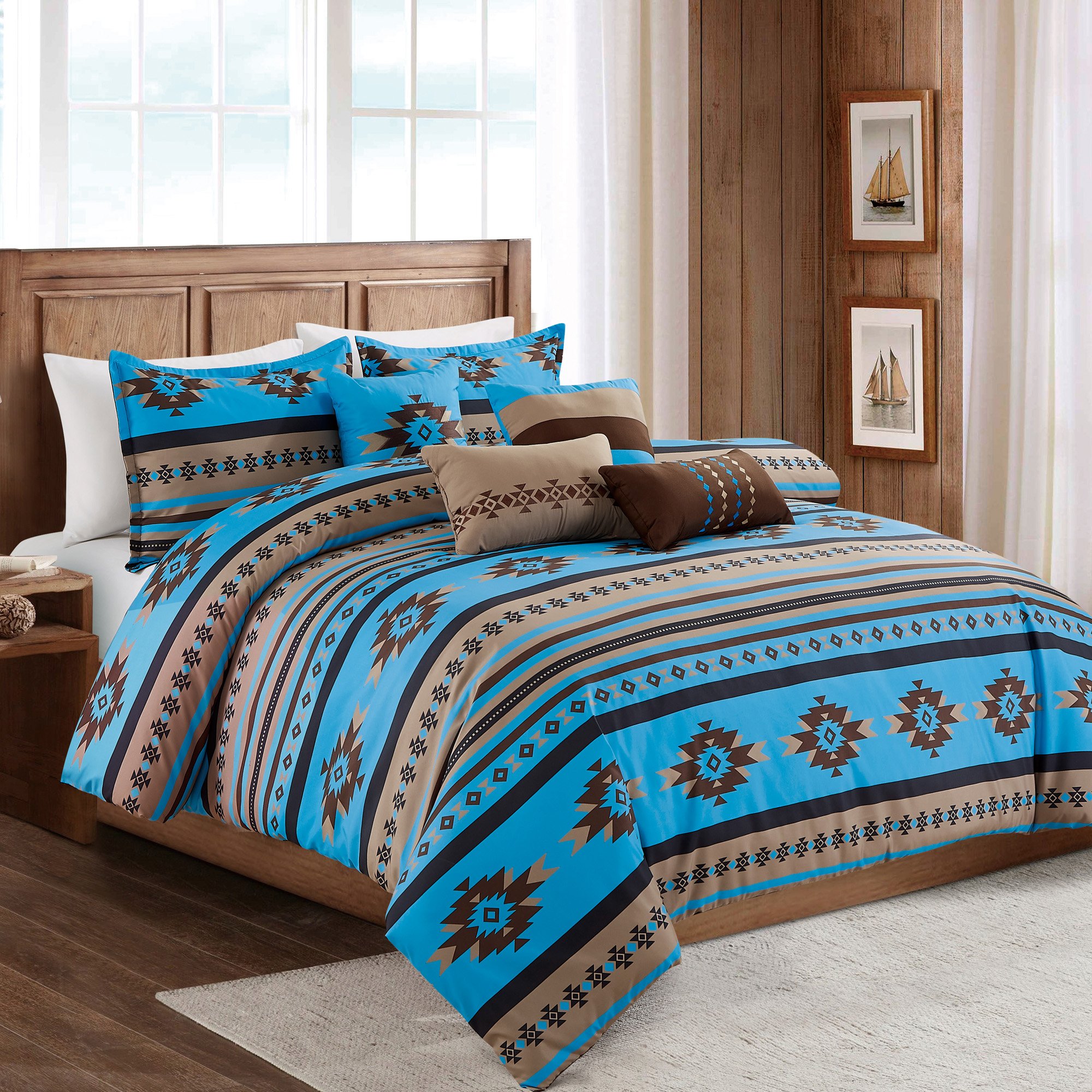 Southwestern Aztec Cabin Comforter Set showcasing a creamy off-white and tawny brown print with matching pillows and bed skirt.