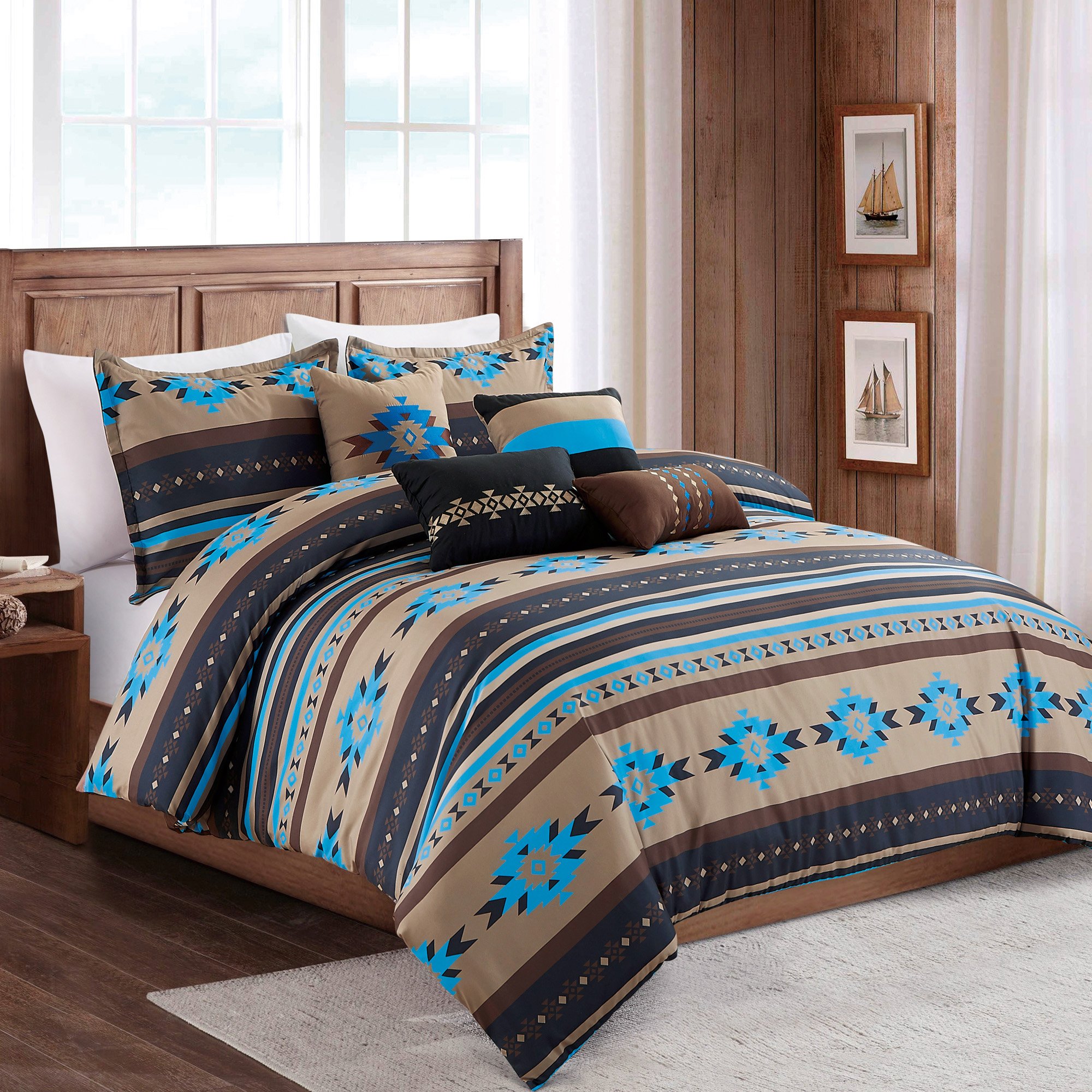 Southwestern Aztec Cabin Comforter Set showcasing a creamy off-white and tawny brown print with matching pillows and bed skirt.