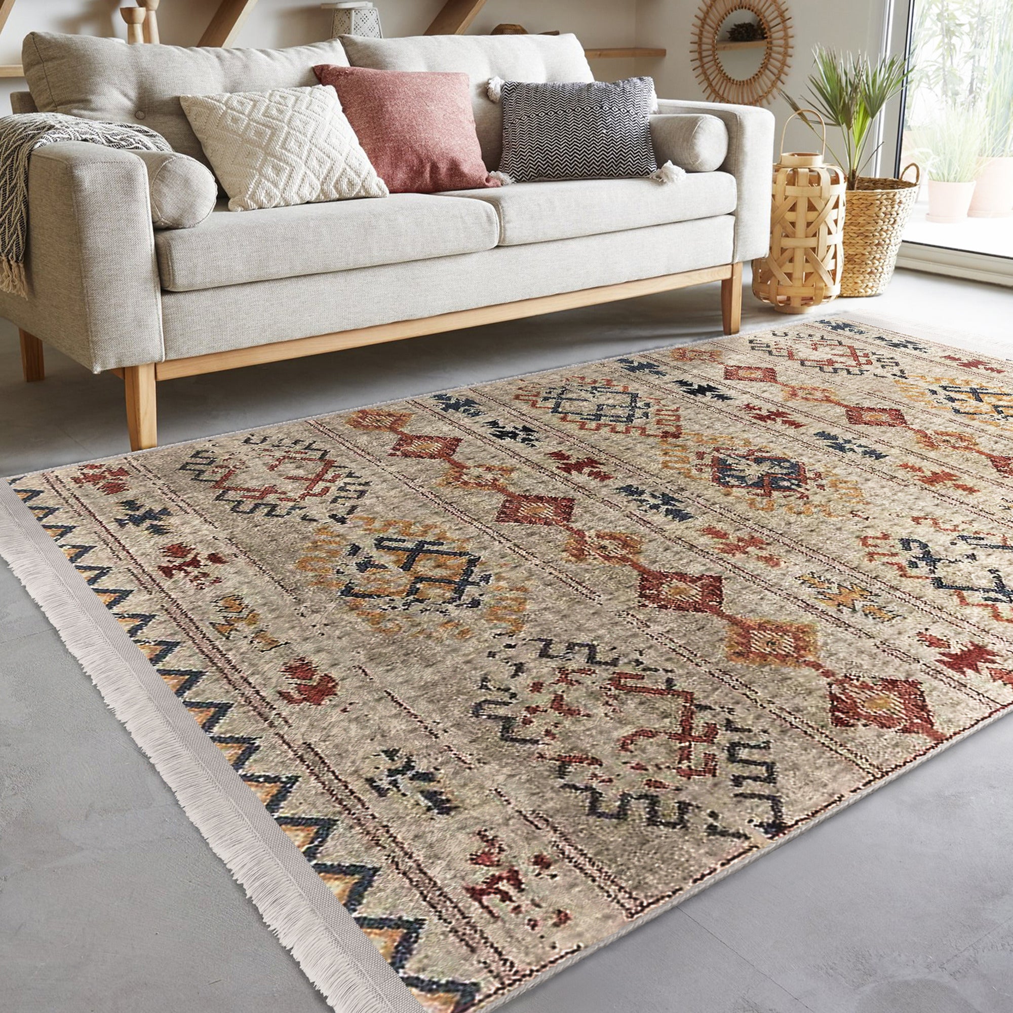 Southwestern style washable area rug with vibrant colors and fringes, featuring a non-slip woven base for safety.