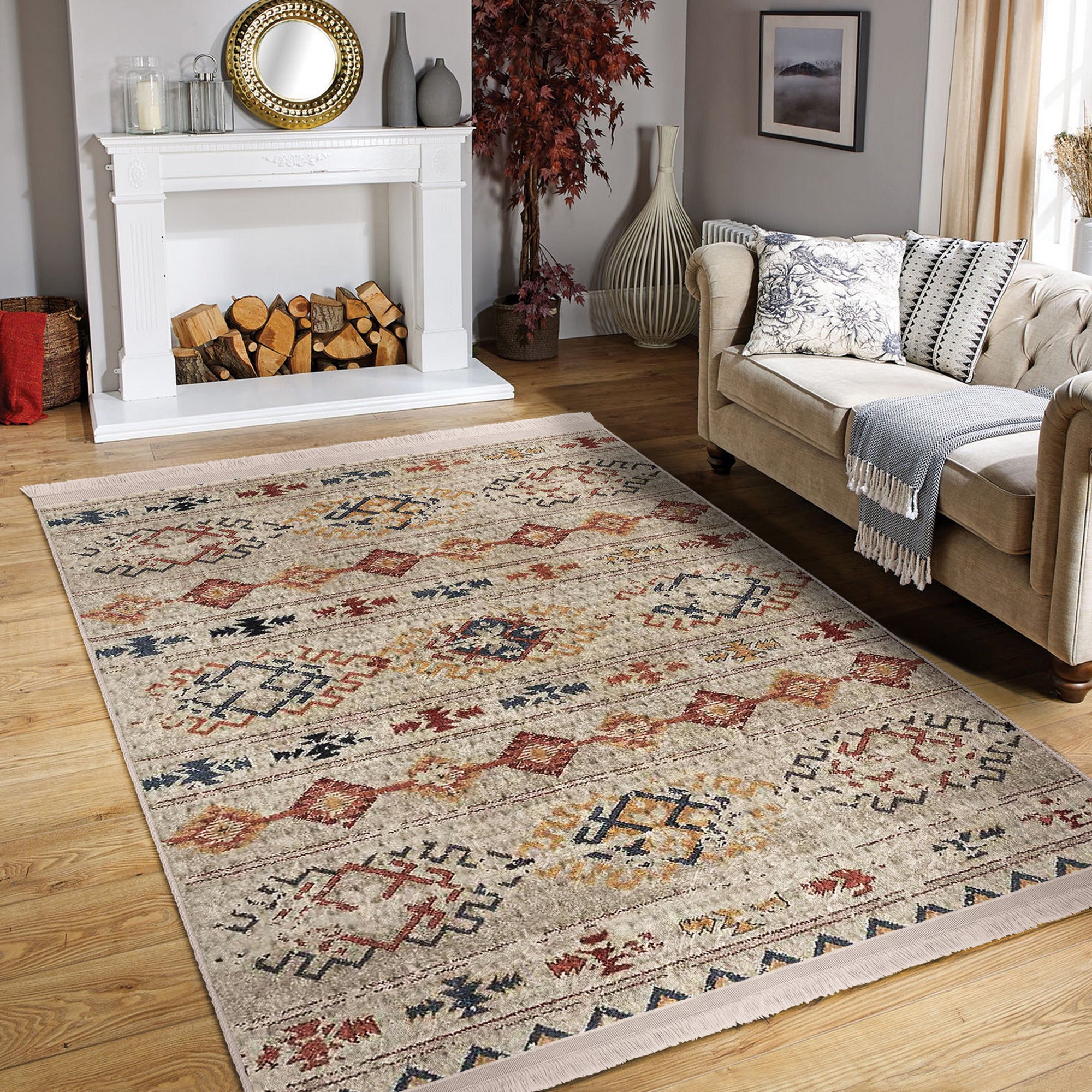 Southwestern style washable area rug with vibrant colors and fringes, featuring a non-slip woven base for safety.