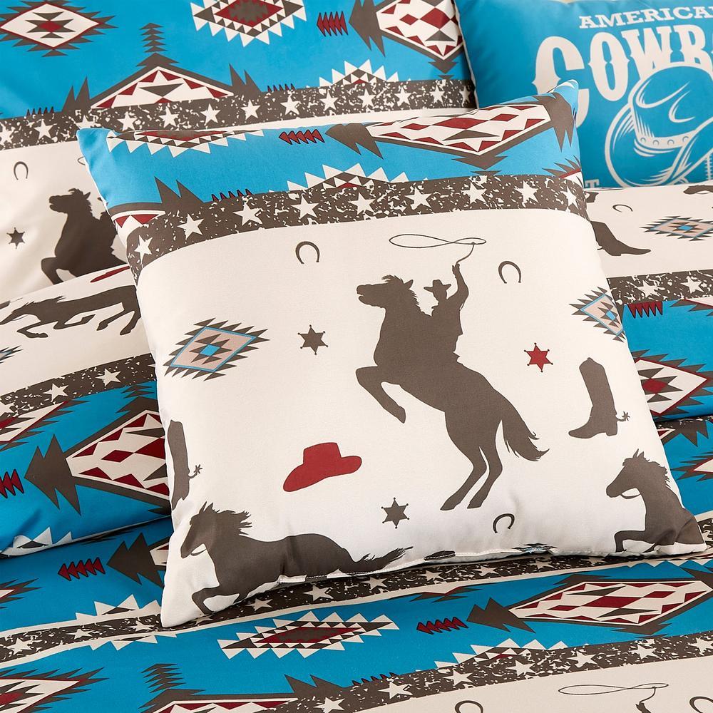 Southwestern Wild Cowboy Turquoise Comforter set with beige accents, featuring an Aztec pattern and included pillows.