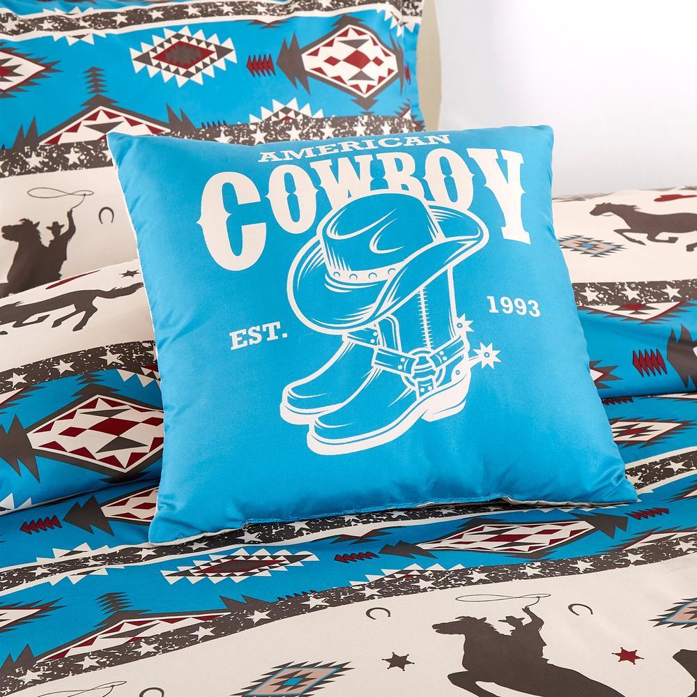 Southwestern Wild Cowboy Turquoise Comforter set with beige accents, featuring an Aztec pattern and included pillows.