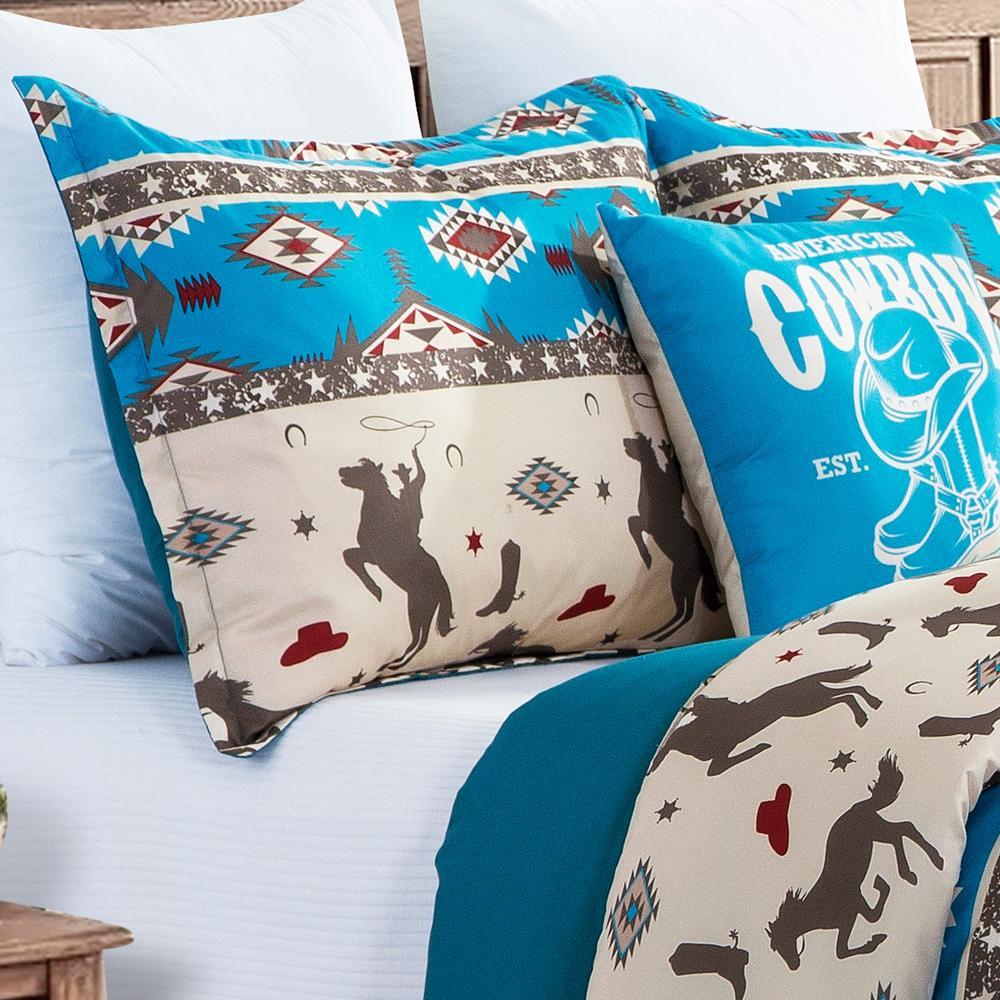 Southwestern Wild Cowboy Turquoise Comforter set with beige accents, featuring an Aztec pattern and included pillows.