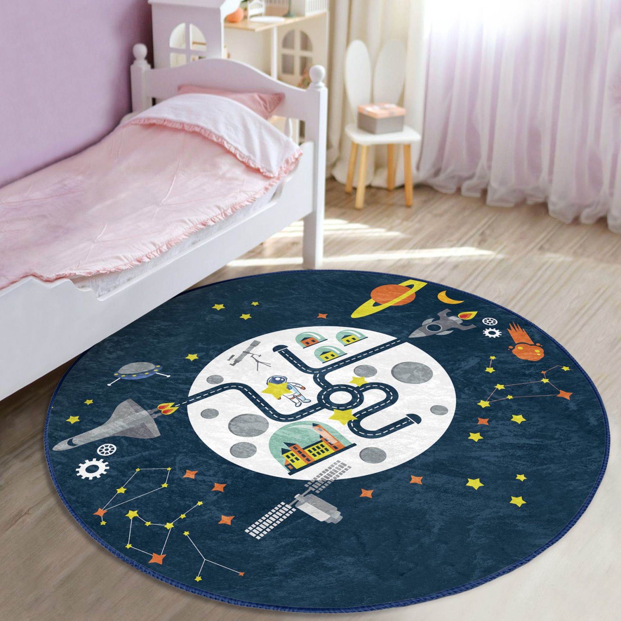 Colorful Space Center Pattern Kids Playful Washable Rug featuring vibrant space-themed designs, perfect for children's playrooms and bedrooms.