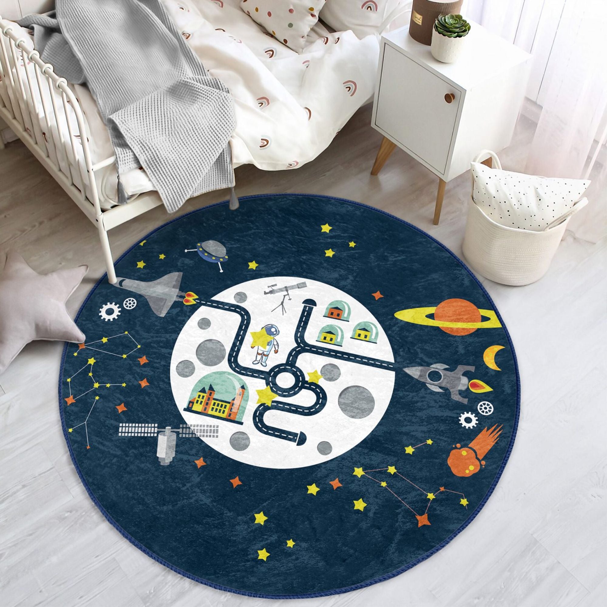 Colorful Space Center Pattern Kids Playful Washable Rug featuring vibrant space-themed designs, perfect for children's playrooms and bedrooms.