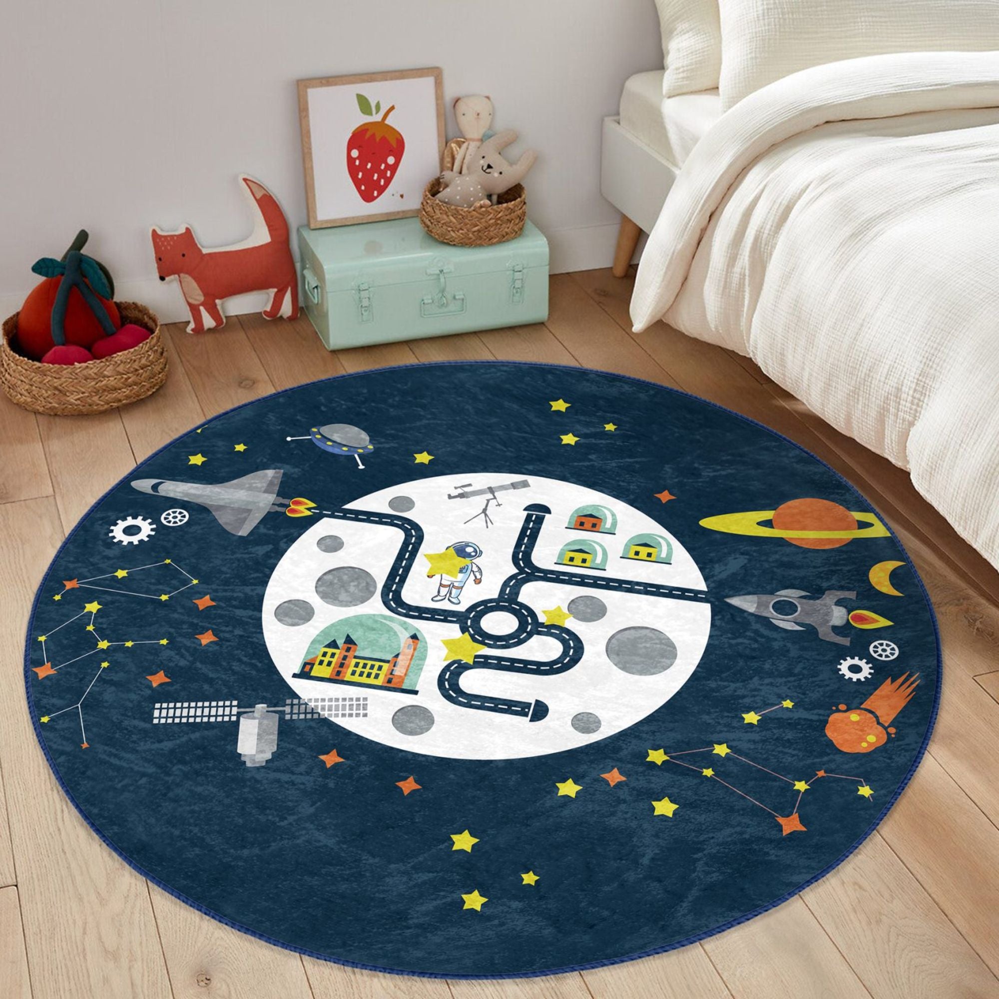 Colorful Space Center Pattern Kids Playful Washable Rug featuring vibrant space-themed designs, perfect for children's playrooms and bedrooms.