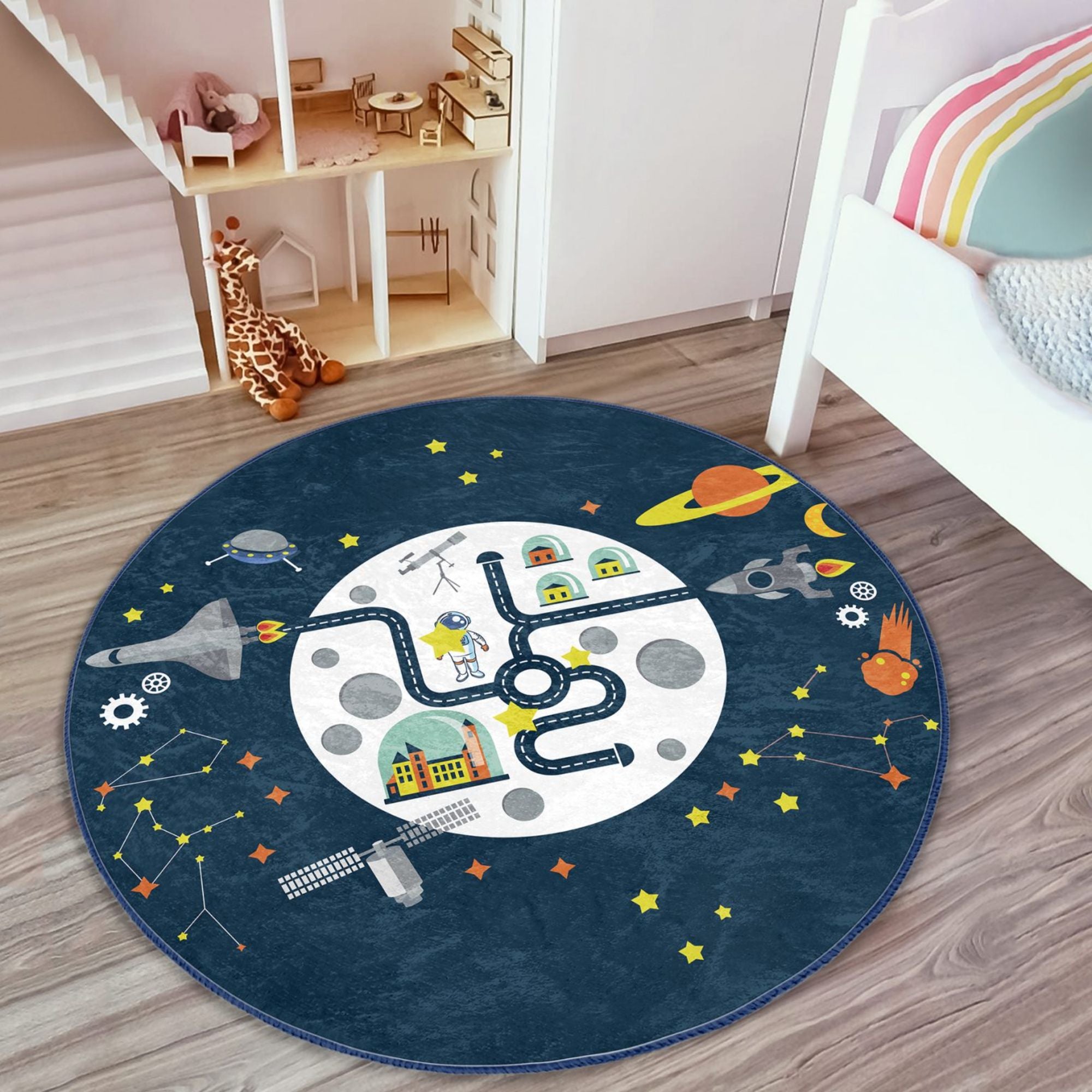 Colorful Space Center Pattern Kids Playful Washable Rug featuring vibrant space-themed designs, perfect for children's playrooms and bedrooms.