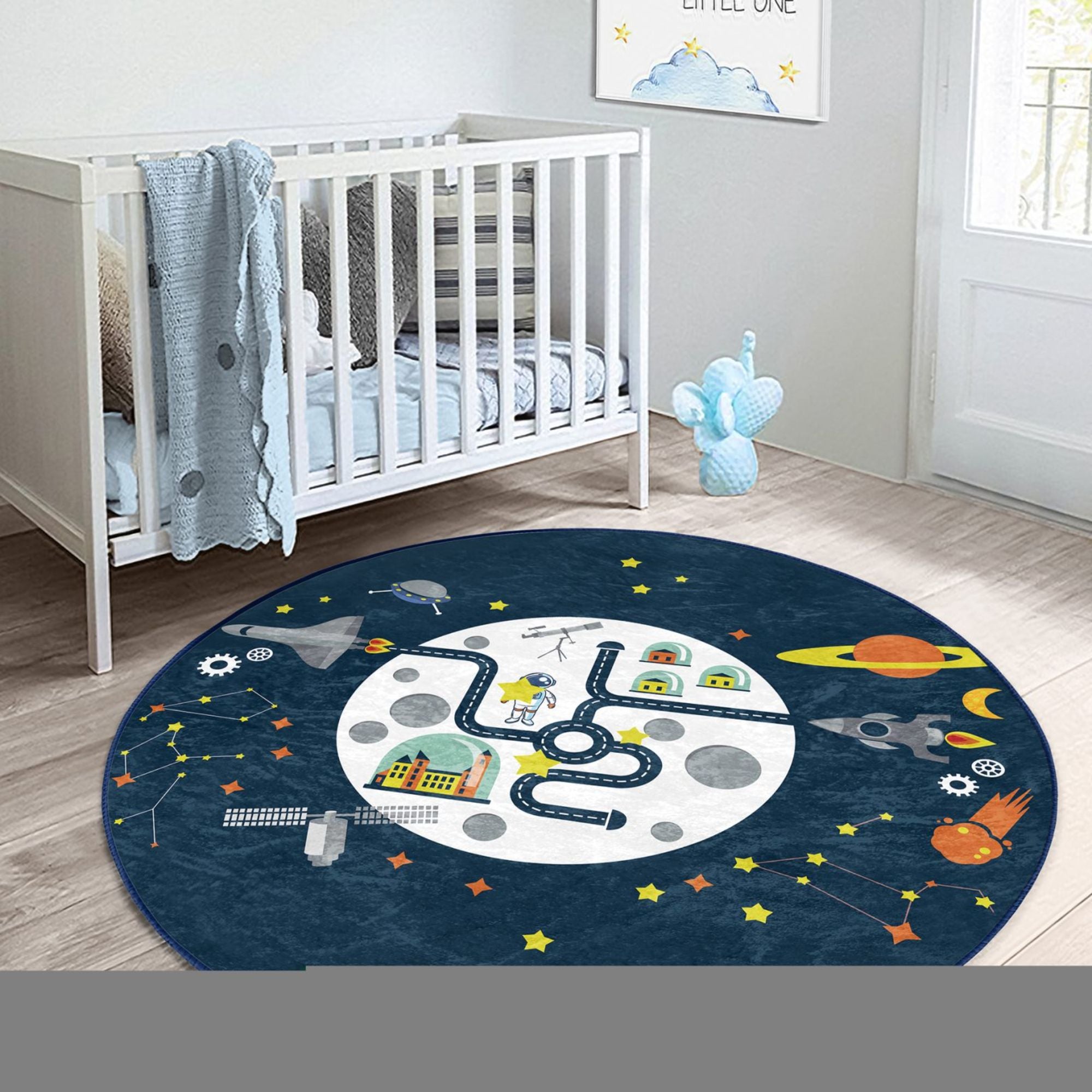 Colorful Space Center Pattern Kids Playful Washable Rug featuring vibrant space-themed designs, perfect for children's playrooms and bedrooms.