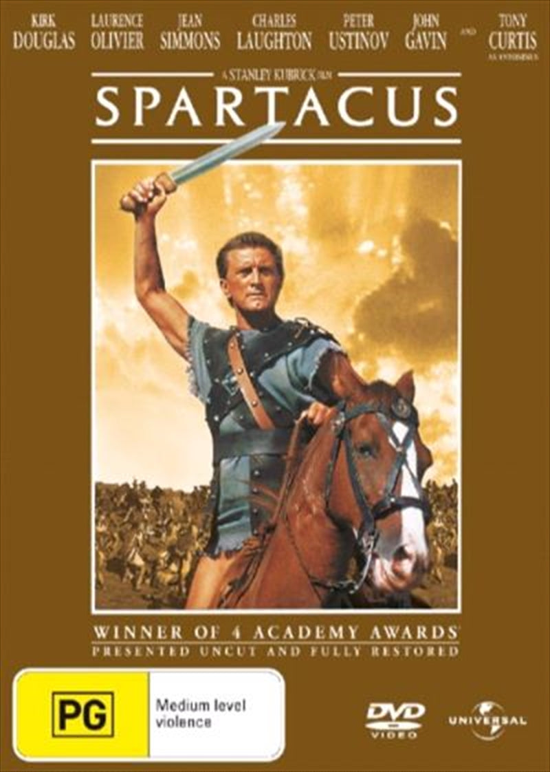 Spartacus DVD cover featuring Kirk Douglas as Spartacus and Jean Simmons as Varinia, showcasing the film's dramatic artwork.