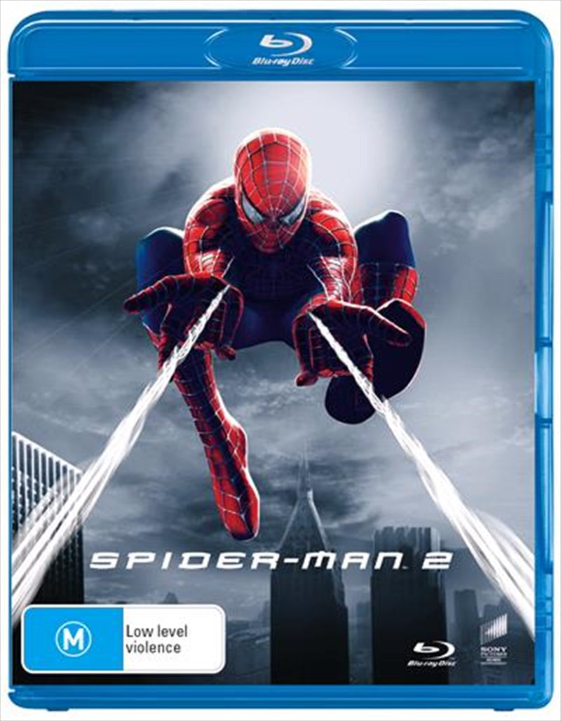 Spider-Man 2 Blu-ray cover featuring Peter Parker and Mary Jane Watson, showcasing vibrant colors and action-packed imagery.