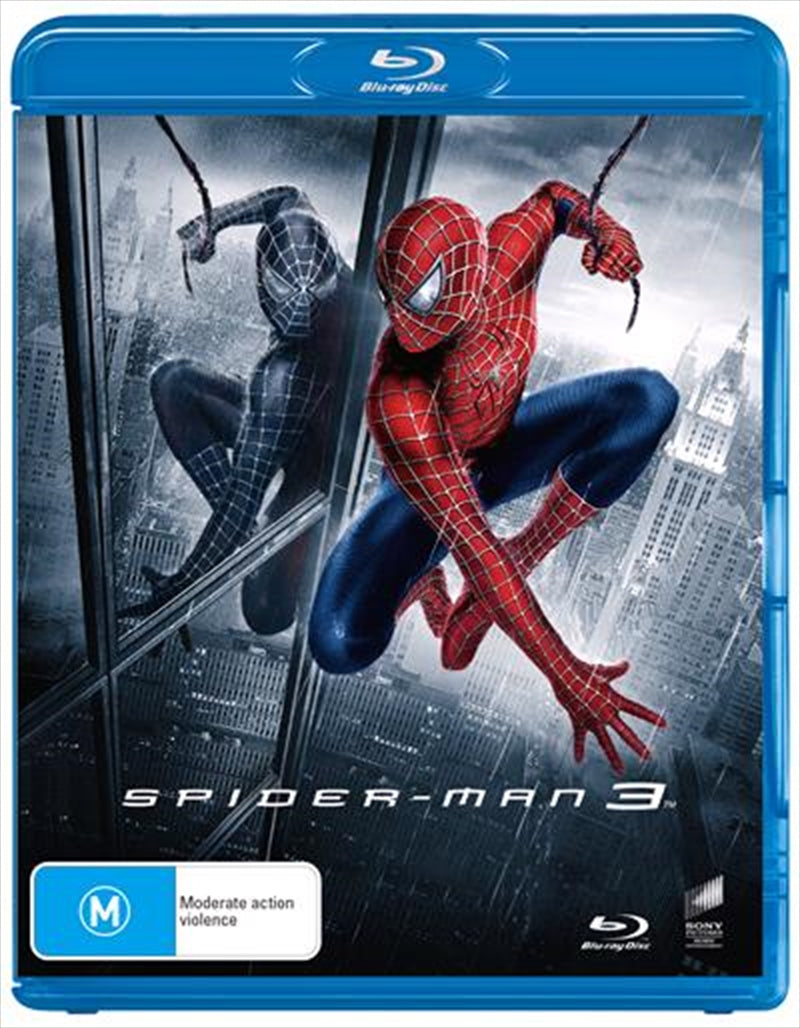 Spider-Man 3 Blu-ray cover featuring Spider-Man in a black suit, with Sandman and Venom in the background.