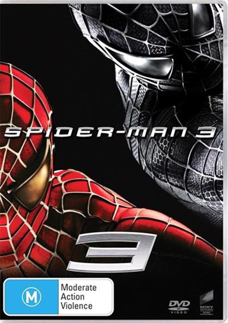 Spider-Man 3 DVD cover featuring Peter Parker in his black suit, with Sandman and Venom in the background.