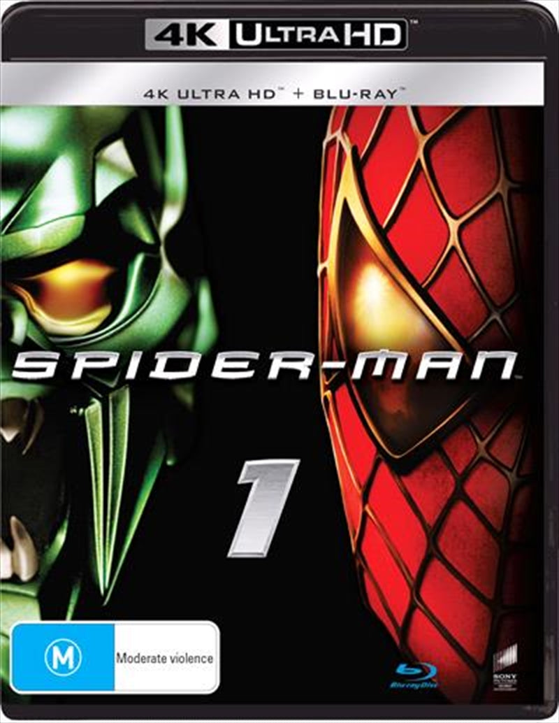 Spider-Man Blu-ray + UHD edition featuring Tobey Maguire, Kirsten Dunst, and Willem Dafoe on the cover.