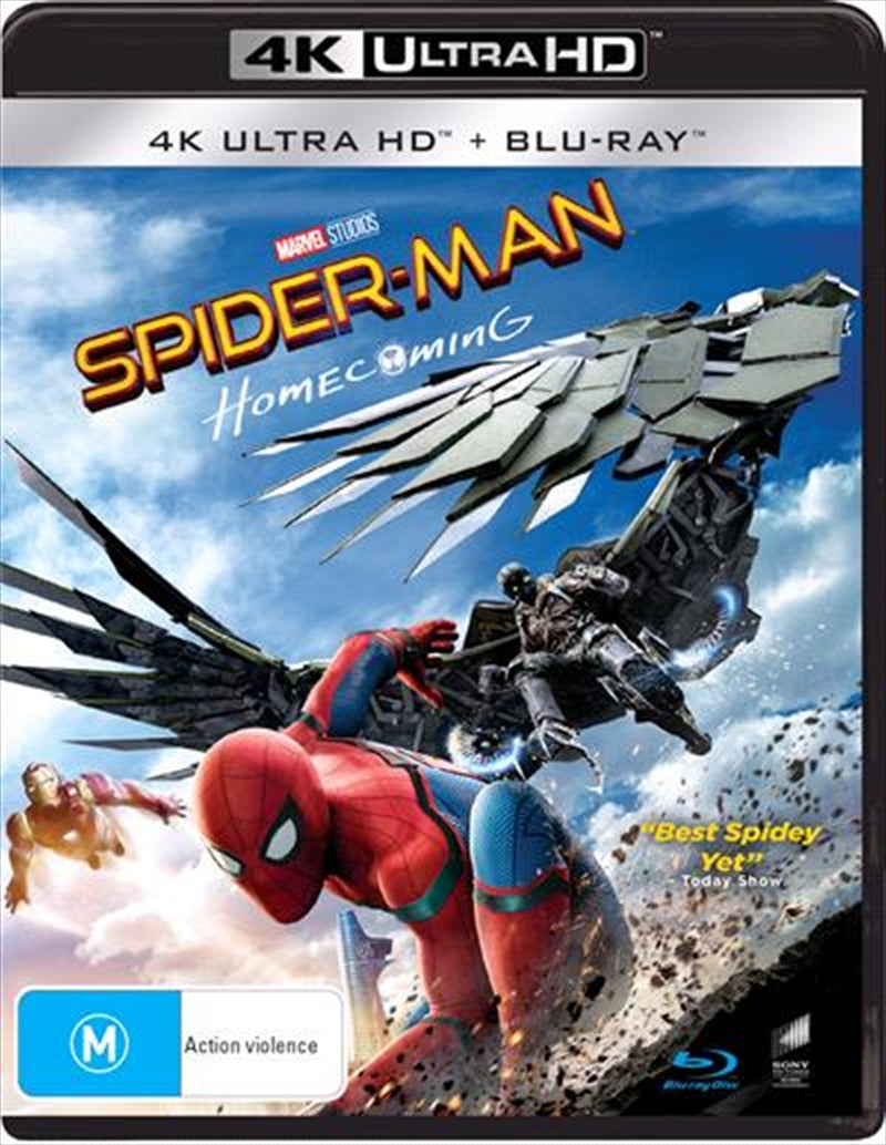 Spider-Man: Homecoming UHD UV cover featuring Tom Holland as Spider-Man in action, with vibrant colors and dynamic design.