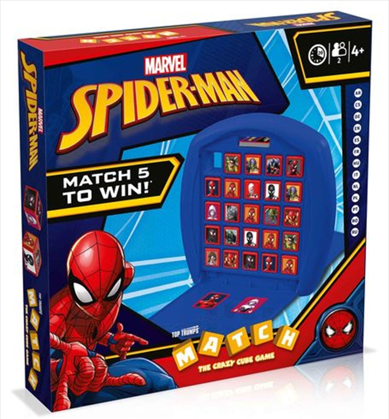 Spider-Man Top Trumps Match Game featuring colorful cubes and iconic characters.