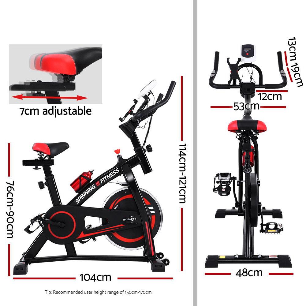 Spin Exercise Bike with adjustable seat and handlebars, featuring a stainless steel flywheel and LCD monitor for home workouts.