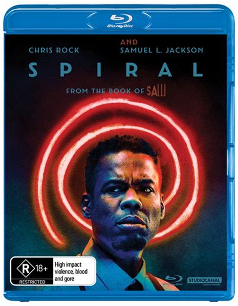 Spiral Blu-ray cover featuring Chris Rock and Samuel L. Jackson in a dark, suspenseful setting.