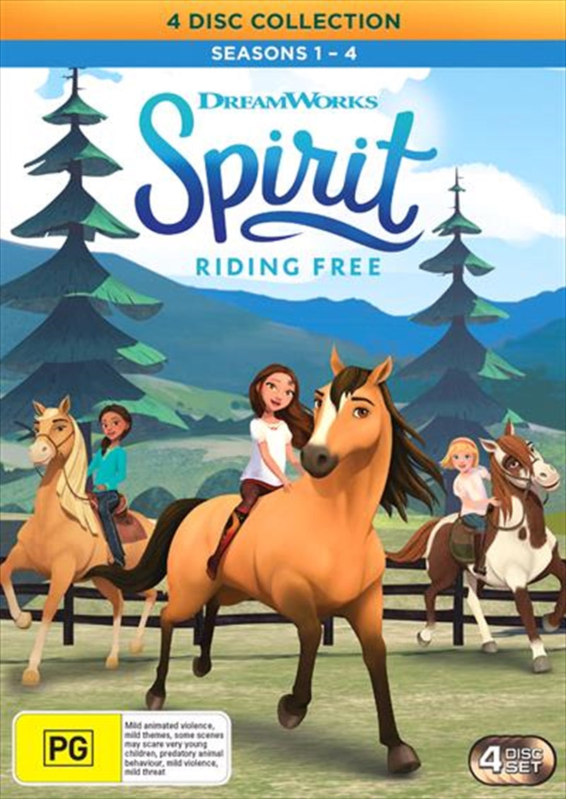 Spirit - Riding Free Boxset DVD featuring seasons 1-4 with vibrant cover art showcasing Lucky and Spirit.