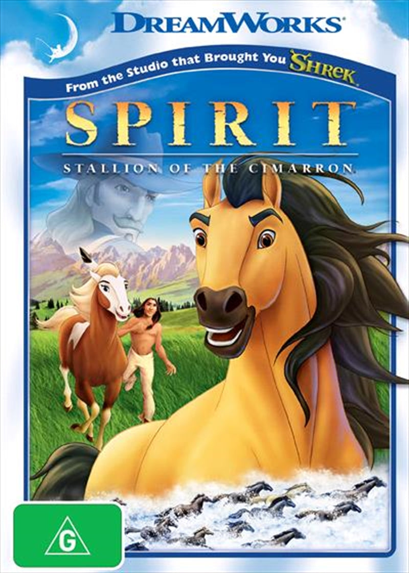 Cover of Spirit - Stallion Of The Cimarron DVD featuring the wild mustang Spirit and the beautiful landscape of the American frontier.