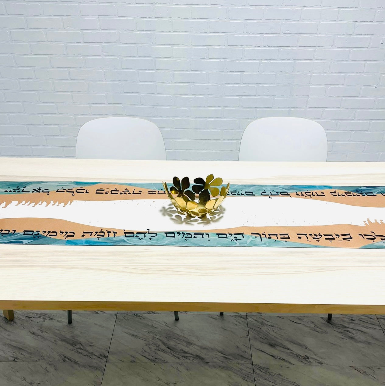 Elegant Split the Sea Passover Table Runner featuring Hebrew writing and beautiful icons, made from cotton linen blend and soft satin.