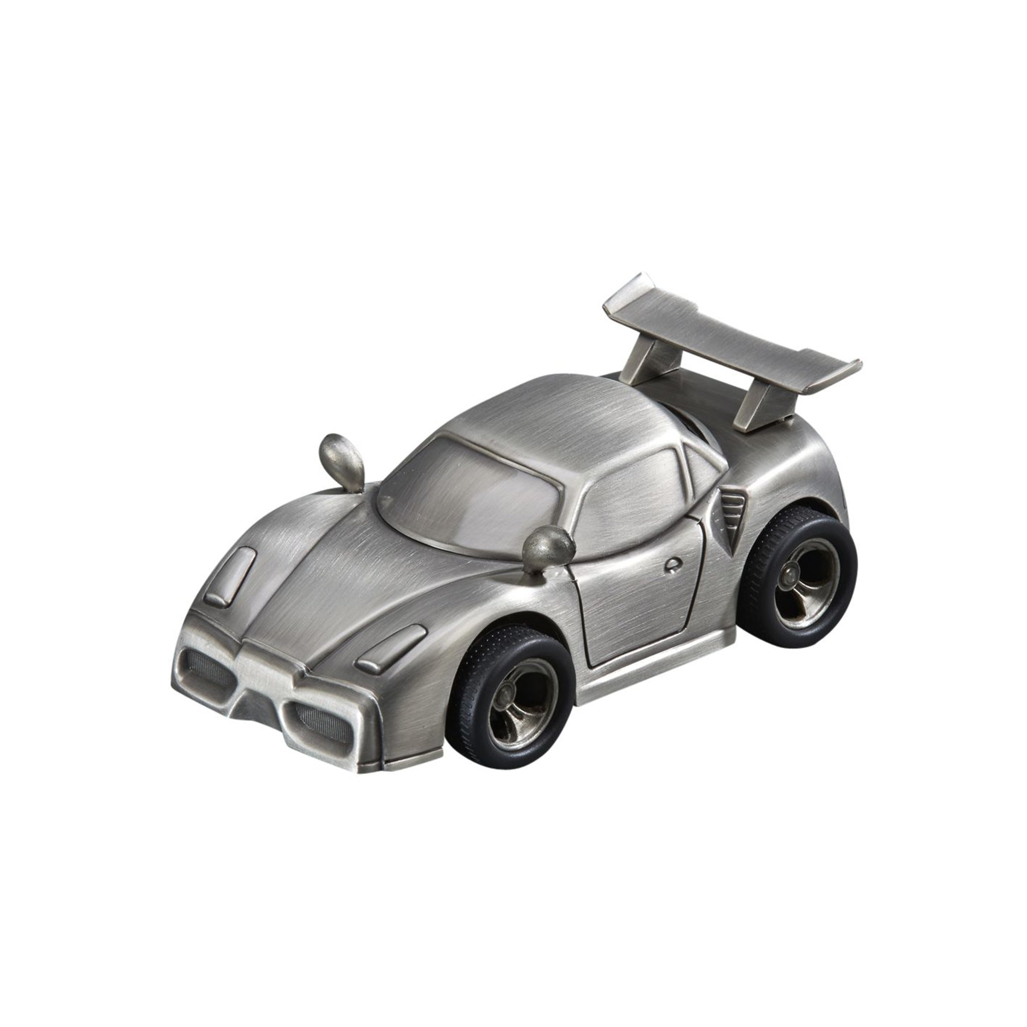 A detailed sports car bank in brushed pewter finish with rubber tires and alloy rims, featuring a rear spoiler and coin slot.