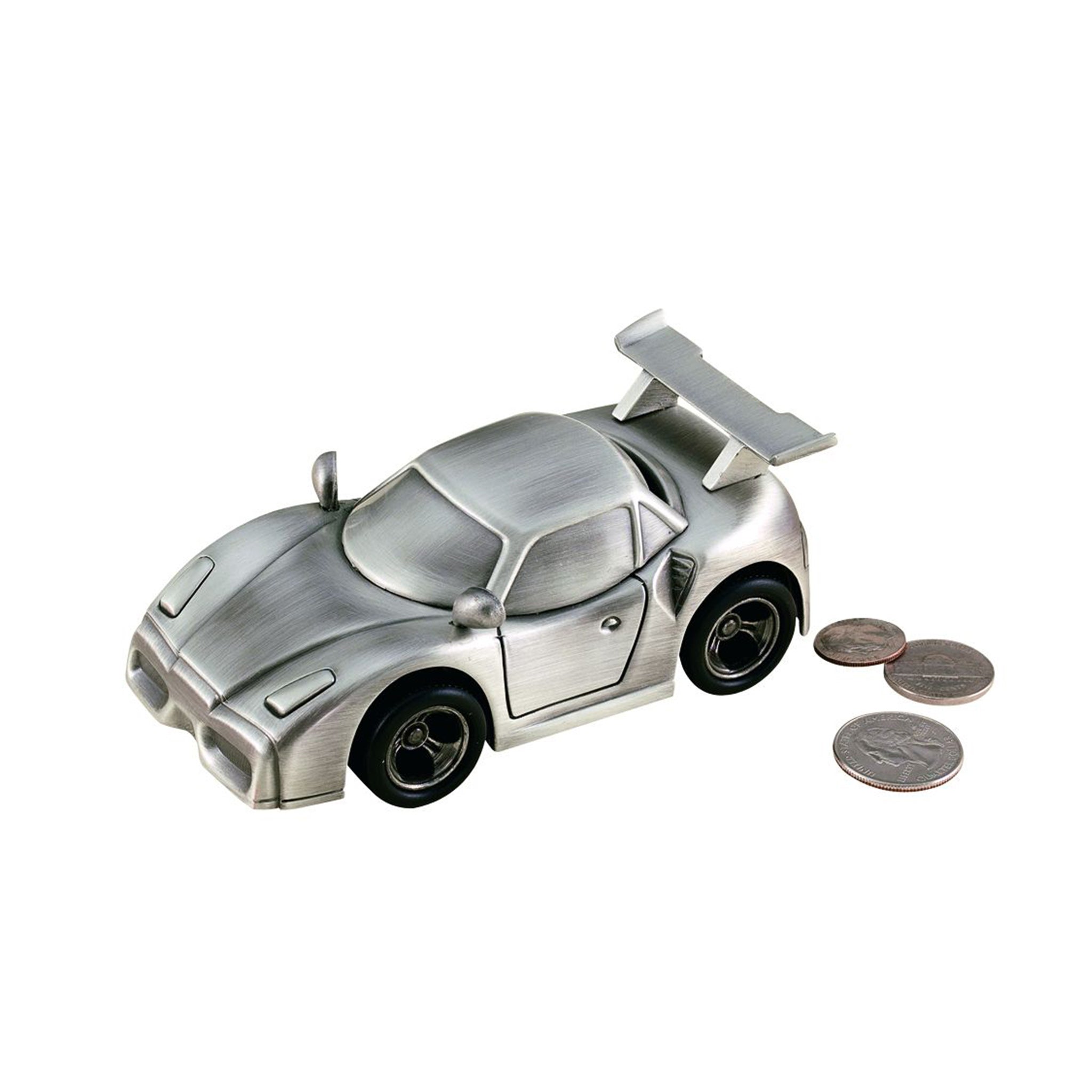 A detailed sports car bank in brushed pewter finish with rubber tires and alloy rims, featuring a rear spoiler and coin slot.