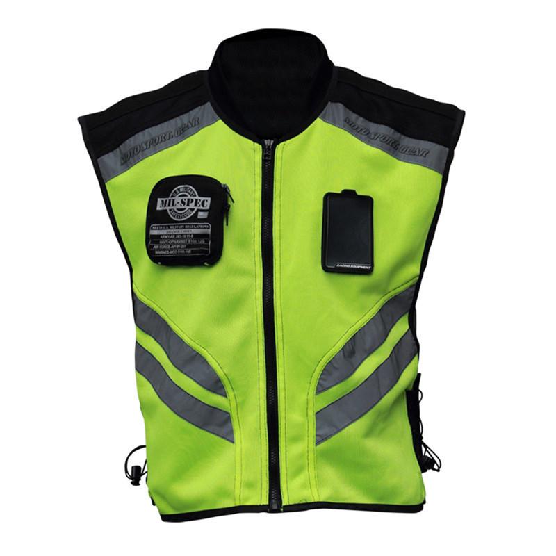 High visibility fluorescent green sports motorcycle reflective vest with adjustable sides and zip pocket, designed for safety and comfort during rides.