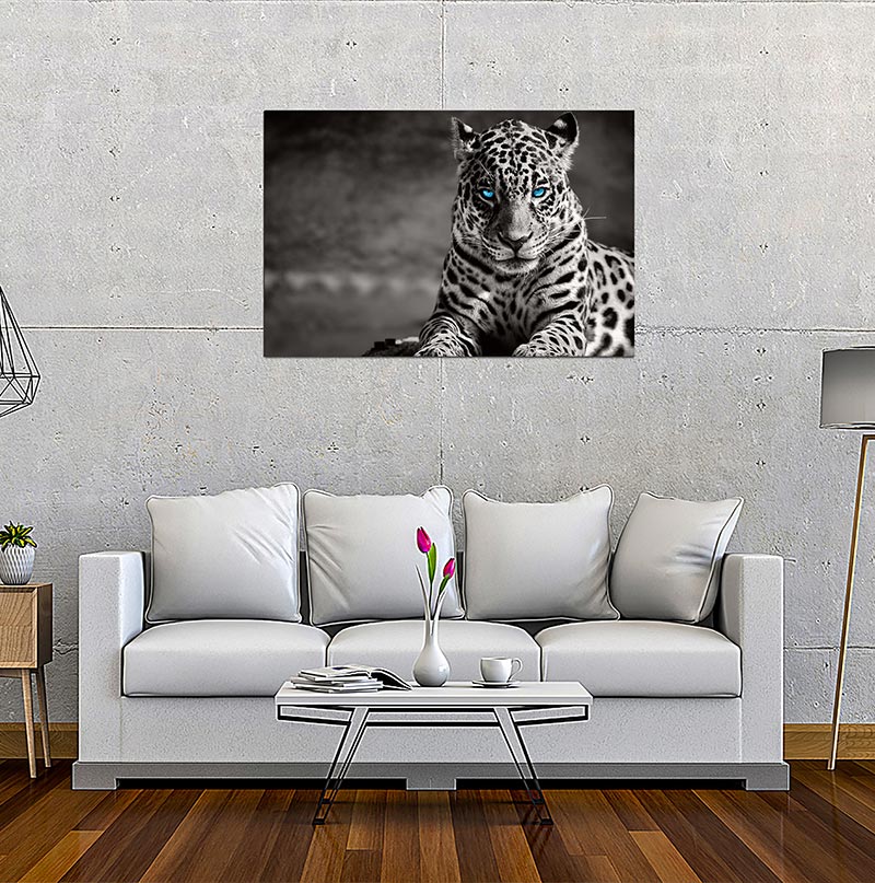 Spotted Leopard in Black and White Acrylic Print showcasing a detailed leopard design on a sleek acrylic panel, perfect for modern wall decor.