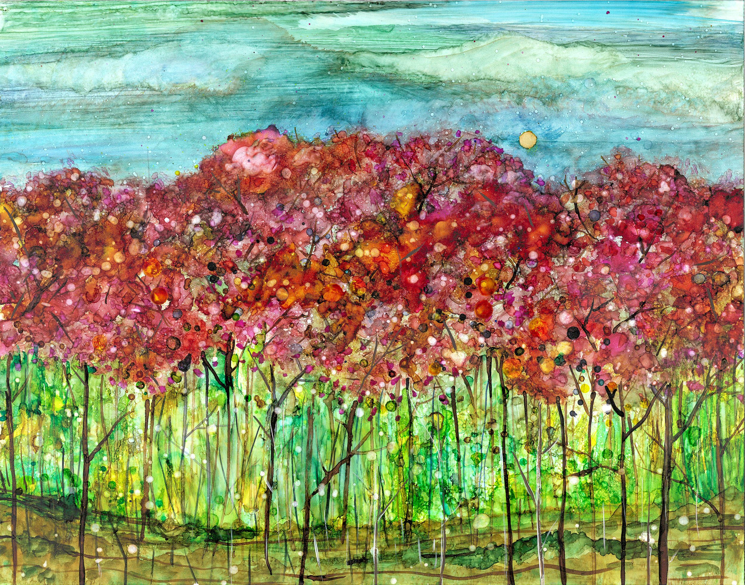 A vibrant Spring Forest landscape painting created with alcohol inks, showcasing dreamy colors and intricate details.