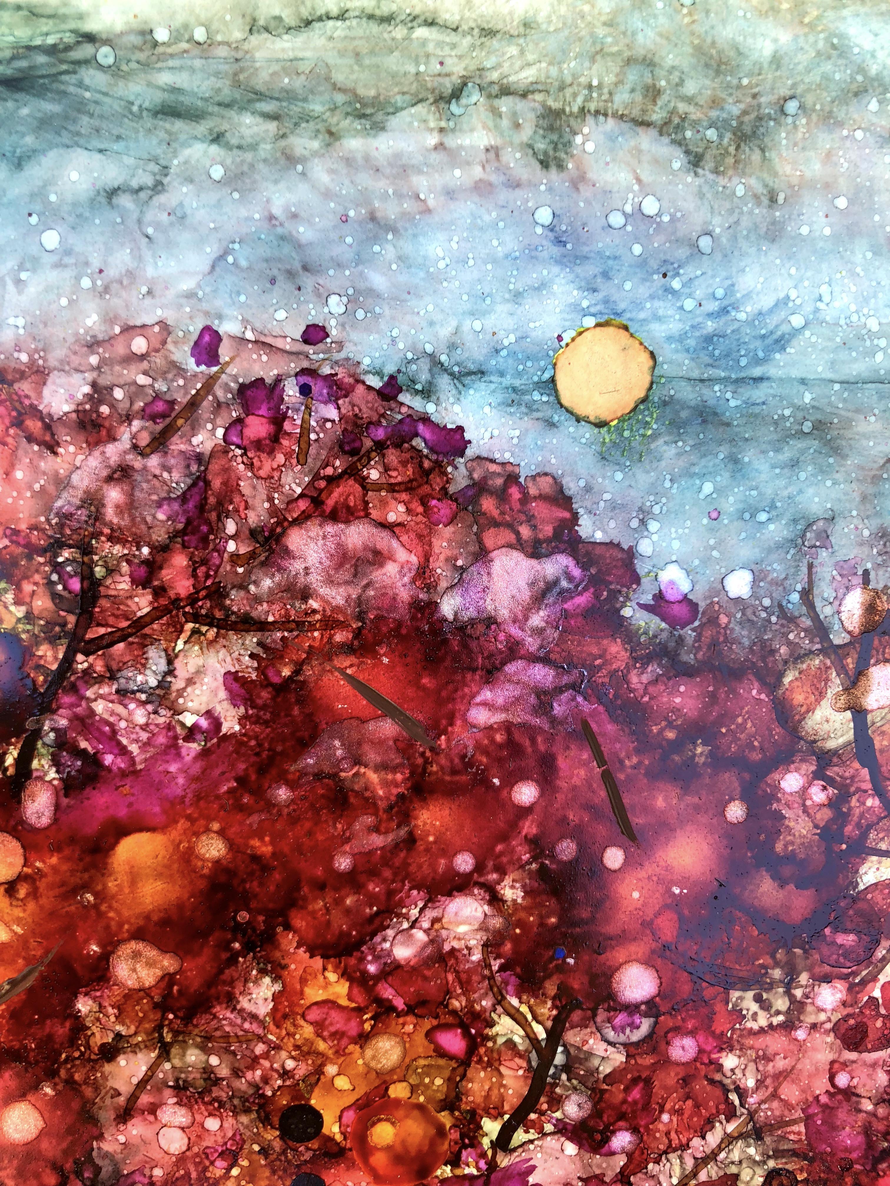 A vibrant Spring Forest landscape painting created with alcohol inks, showcasing dreamy colors and intricate details.