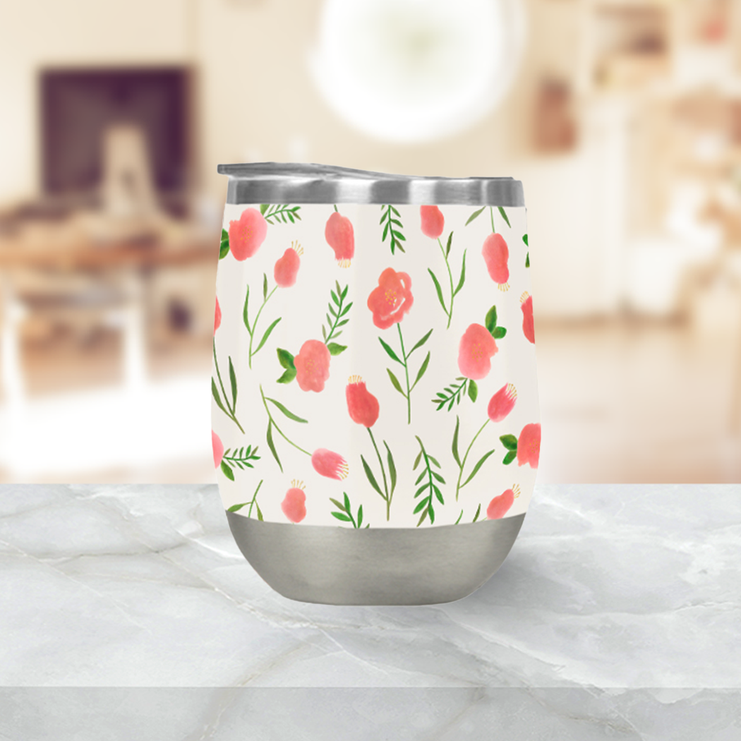 A stylish Spring Watercolor Wine Tumbler featuring a vibrant watercolor design, perfect for outdoor use and made of stainless steel.