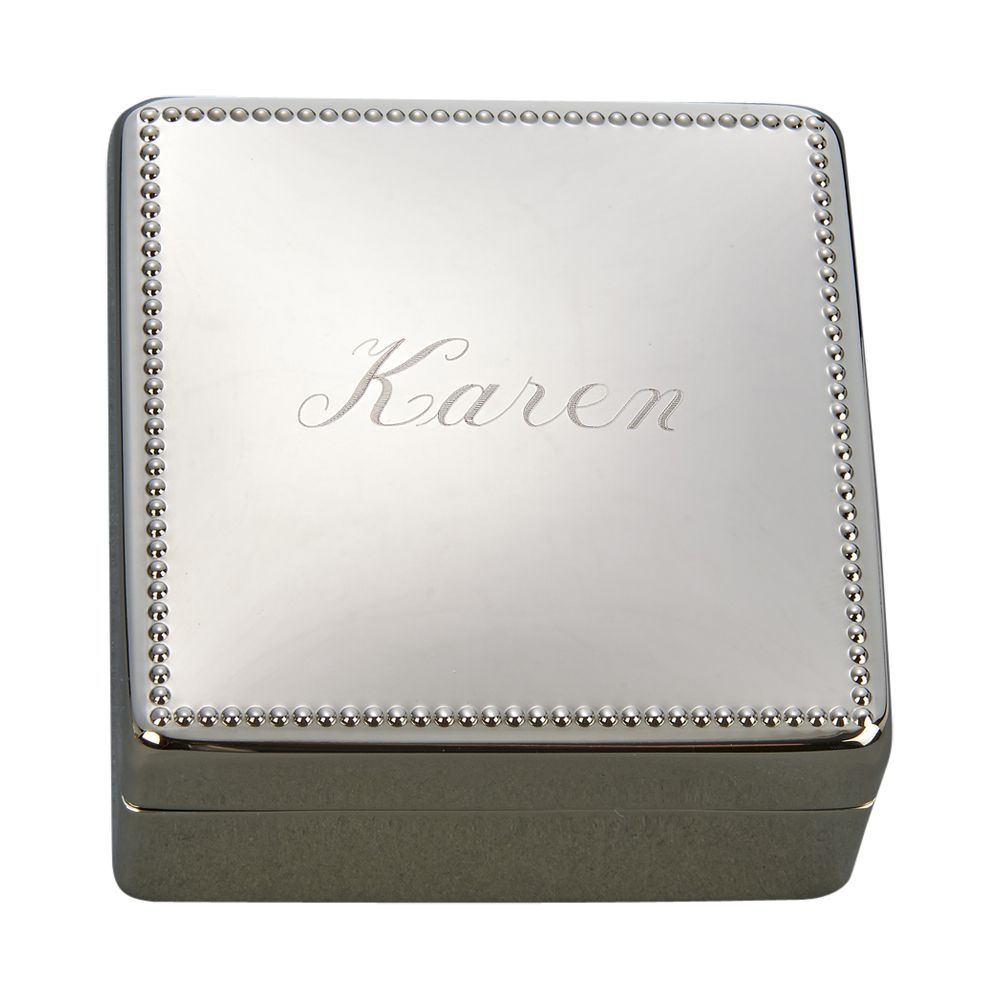 Square box with beaded border, nickel plated, shiny silver finish, dark blue flocked interior, elegant design.