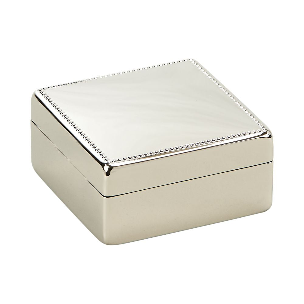 Square box with beaded border, nickel plated, shiny silver finish, dark blue flocked interior, elegant design.