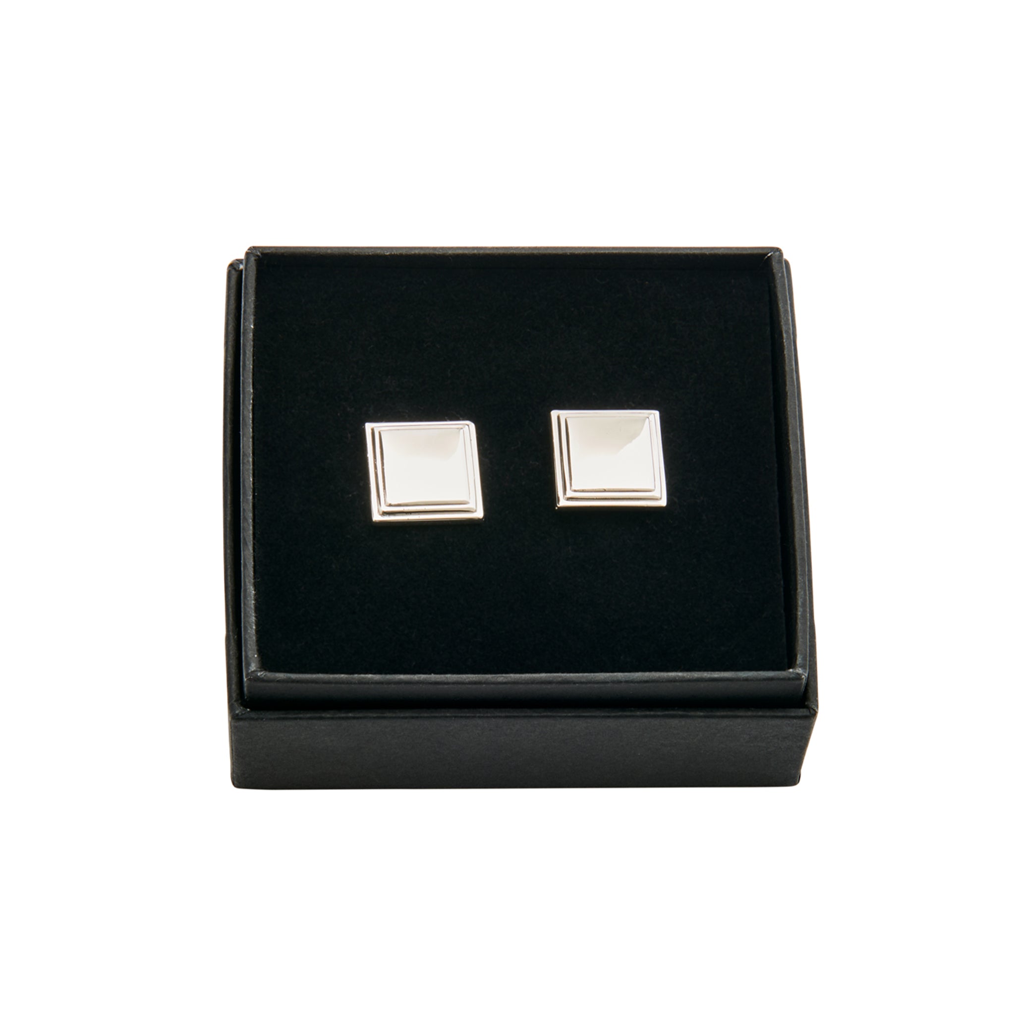 Elegant square cuff links with a palladium finish, displayed in a black gift box.