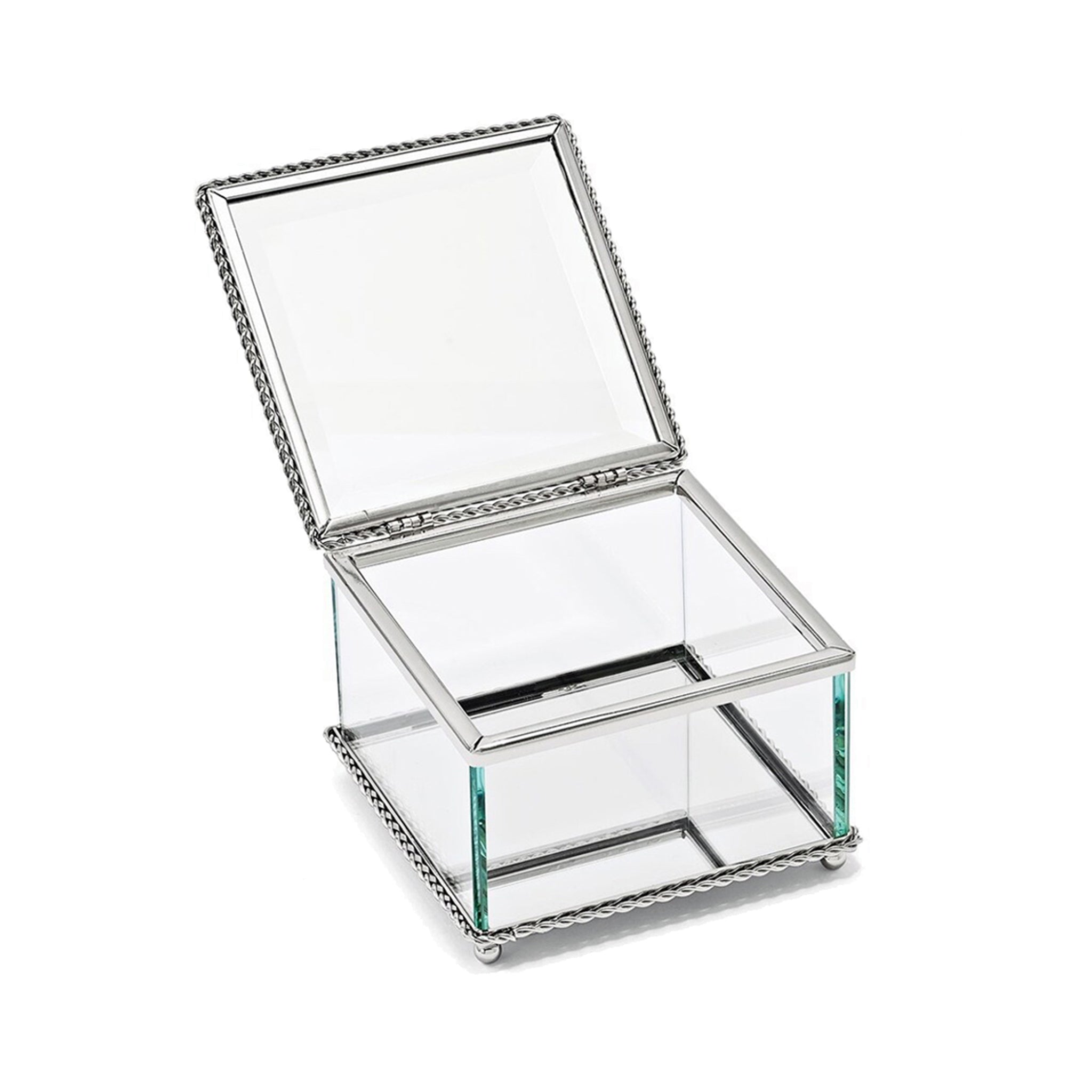 A 3.75-inch square glass box with a hinged cover, featuring a non-tarnish braided border and a mirror bottom, resting on four ball feet.