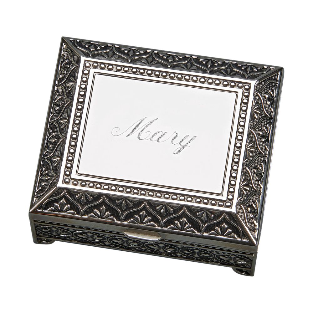 Elegant 3-inch square jewelry box with antique silver finish and dark blue flocked lining.