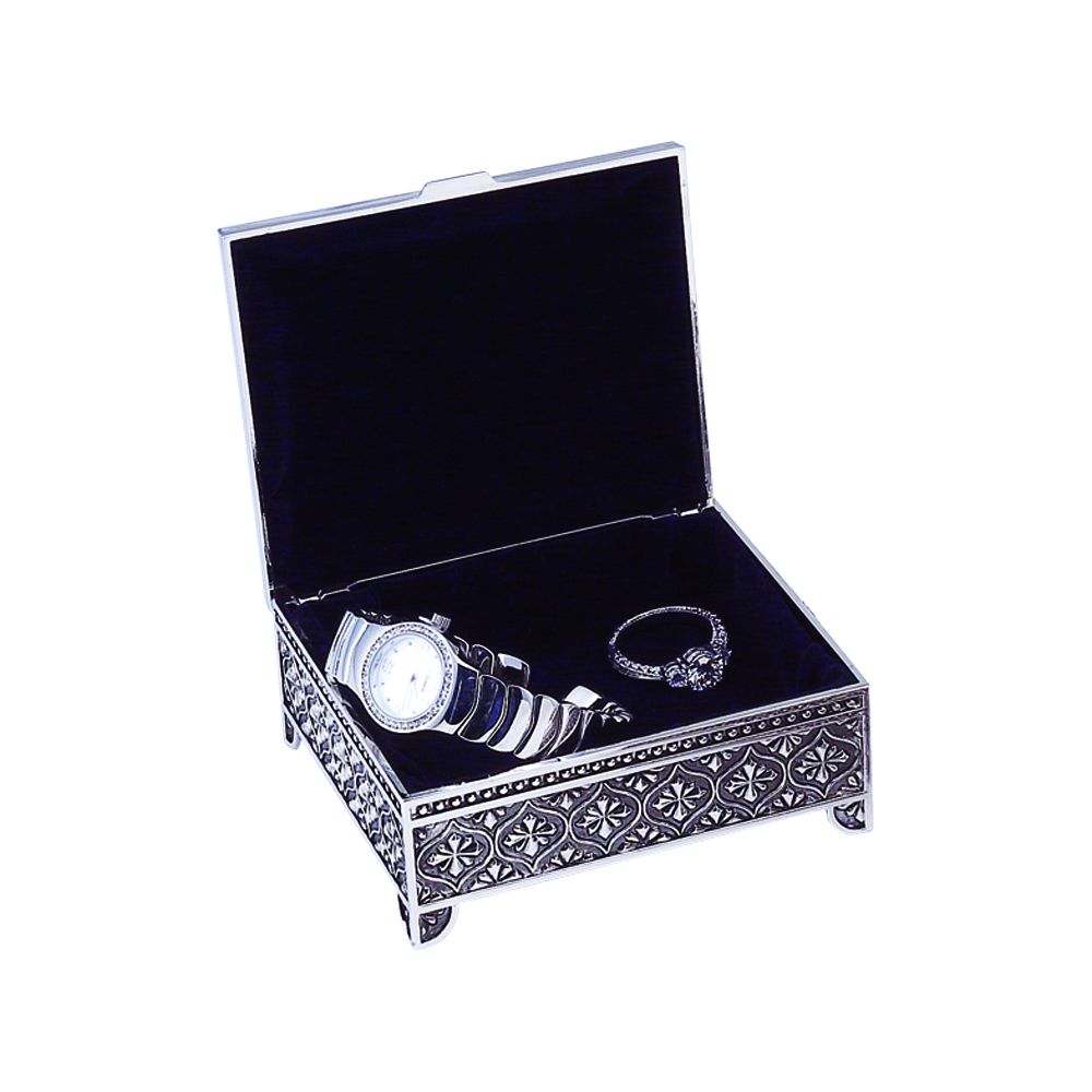 Elegant 3-inch square jewelry box with antique silver finish and dark blue flocked lining.