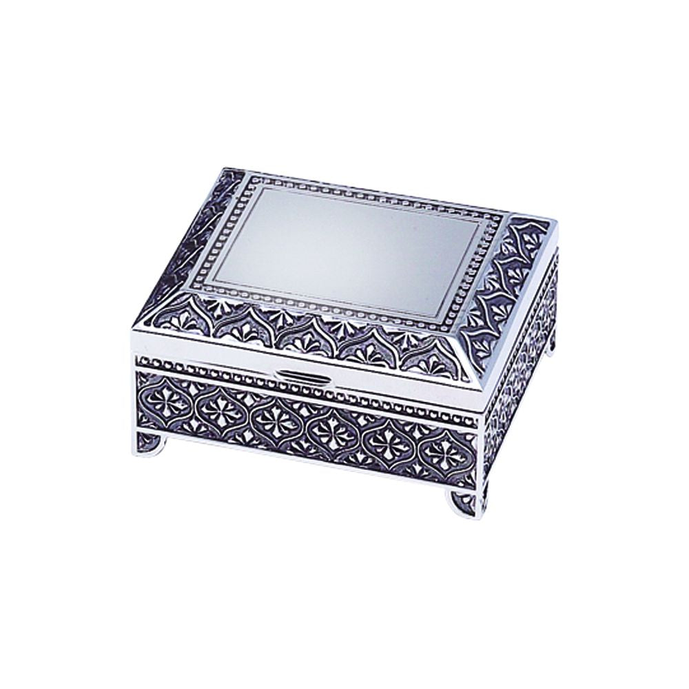 Elegant 3-inch square jewelry box with antique silver finish and dark blue flocked lining.