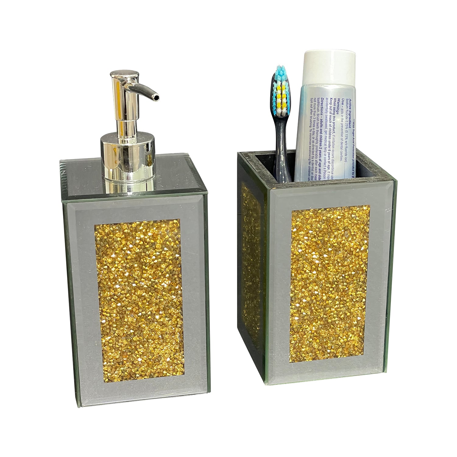 Gold Crushed Square Soap Dispenser and Toothbrush Holder set in an elegant gift box, showcasing luxurious crushed diamond glass and gold accents.