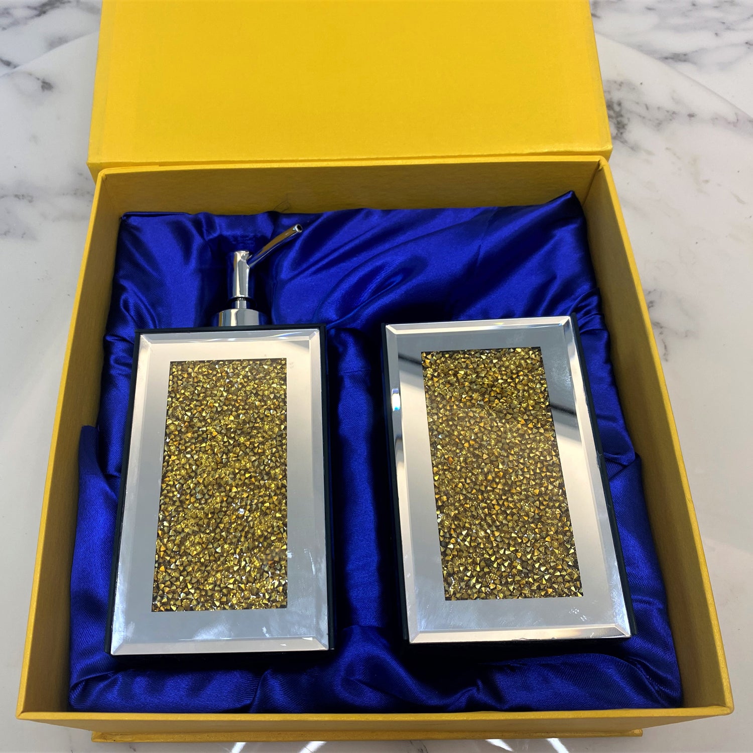 Gold Crushed Square Soap Dispenser and Toothbrush Holder set in an elegant gift box, showcasing luxurious crushed diamond glass and gold accents.